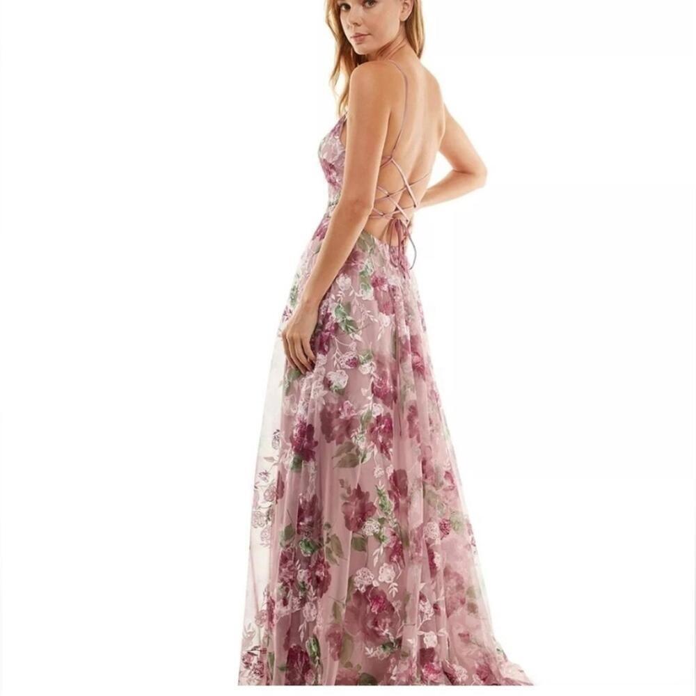 SAY YES TO THE PROMJuniors'Embroidered Floral Lace-Up Gown evening dress 5 dress - Picture 7 of 15